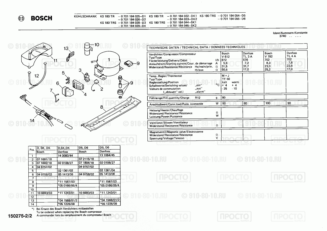 Холодильник Bosch 0701184054(00) - взрыв-схема
