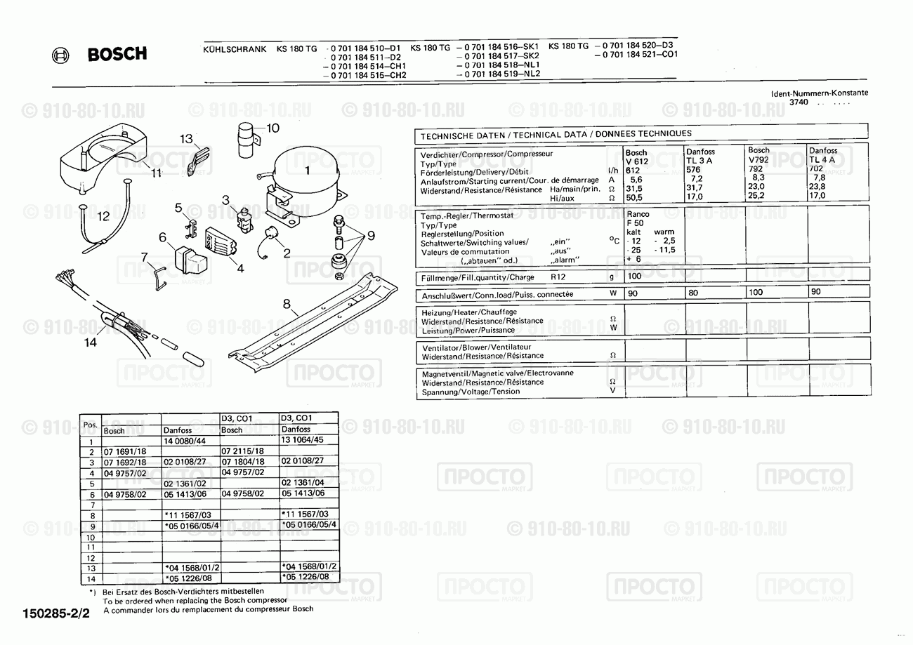 Холодильник Bosch 0701184511(00) - взрыв-схема