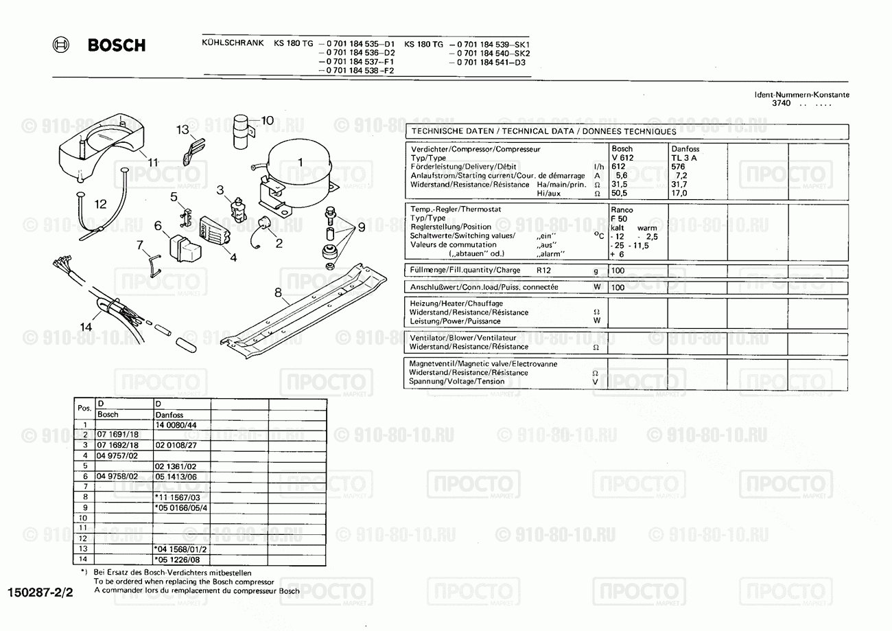 Холодильник Bosch 0701184536(00) - взрыв-схема