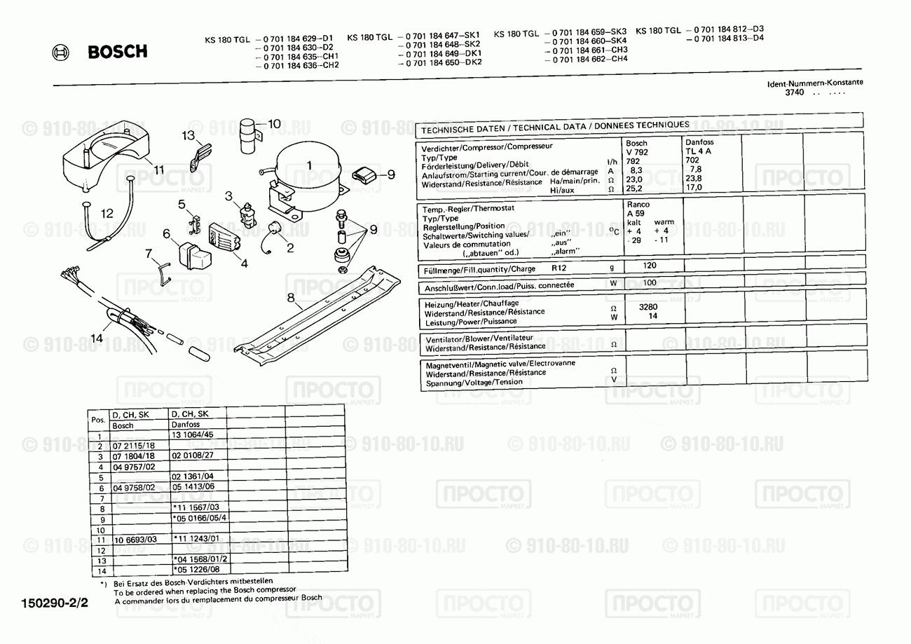Холодильник Bosch 0701184636(00) - взрыв-схема