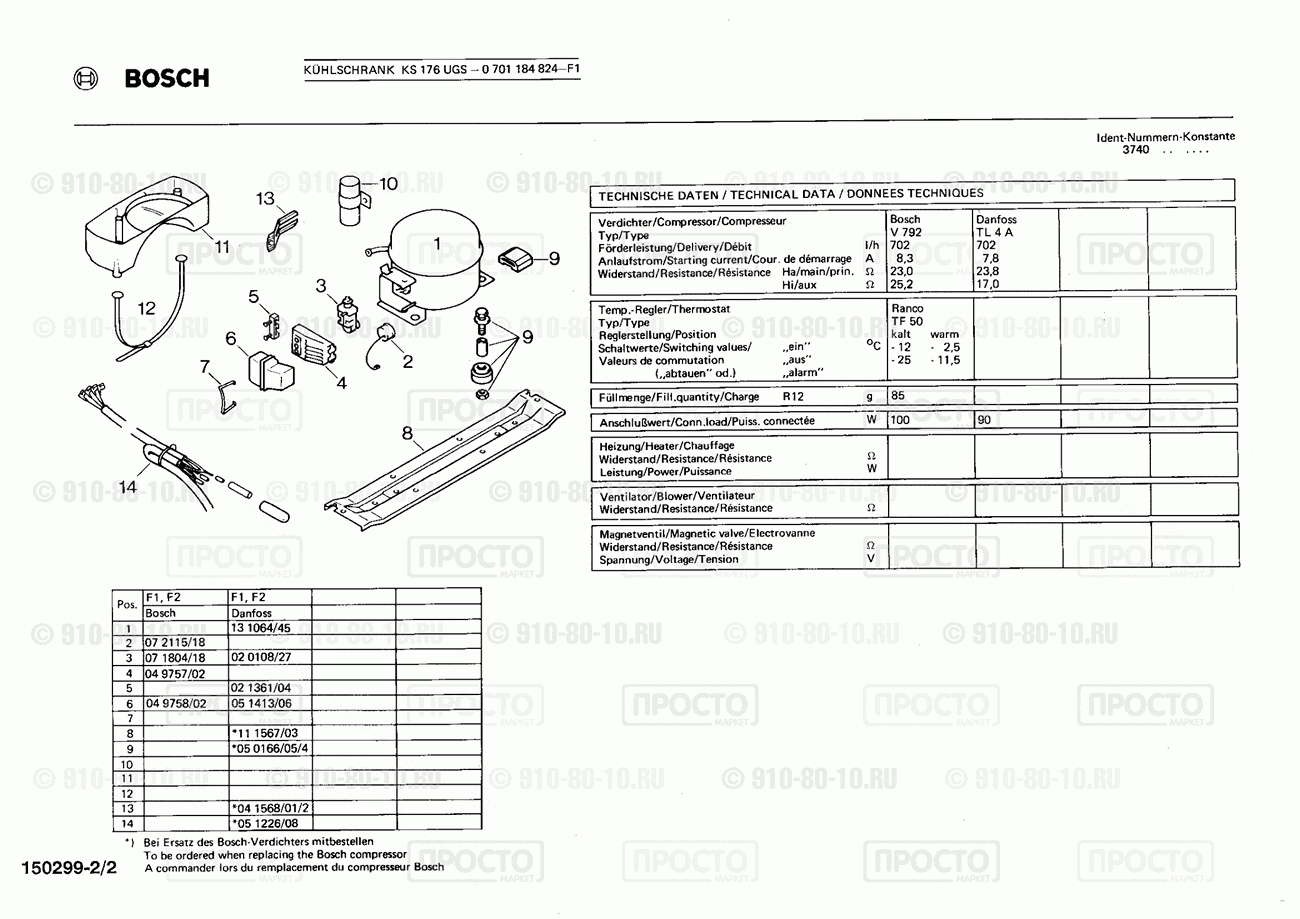 Холодильник Bosch 0701184824(00) - взрыв-схема