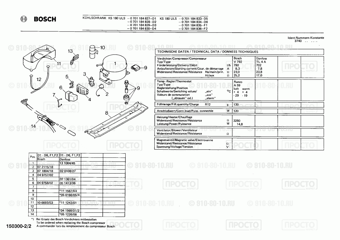 Холодильник Bosch 0701184827(00) - взрыв-схема