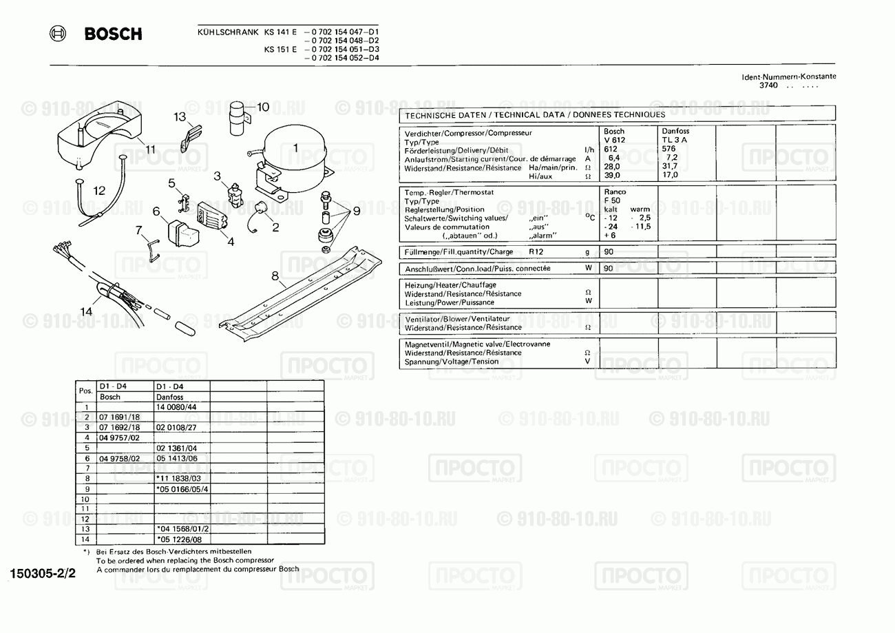Холодильник Bosch 0702154047(00) - взрыв-схема