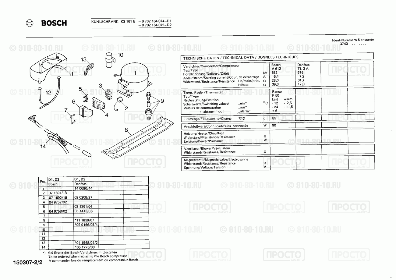 Холодильник Bosch 0702164075(00) - взрыв-схема