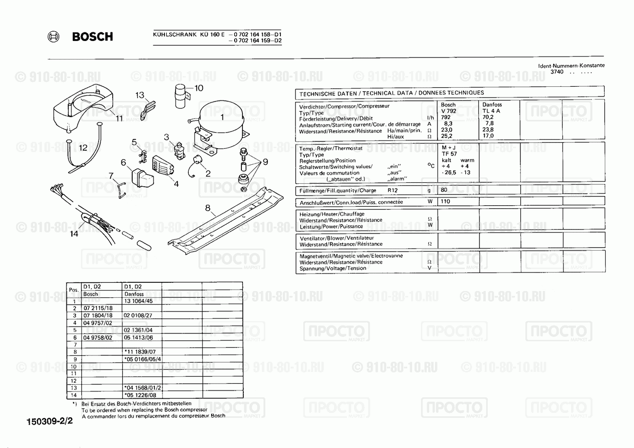 Холодильник Bosch 0702164158(00) - взрыв-схема