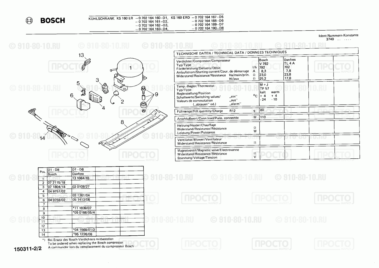 Холодильник Bosch 0702164161(00) - взрыв-схема