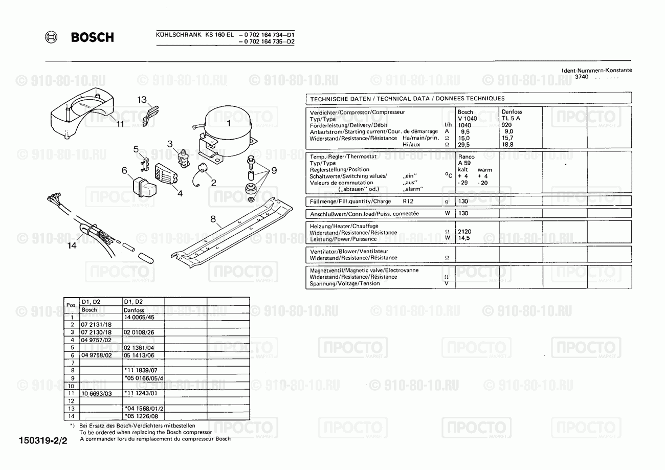 Холодильник Bosch 0702164734(00) - взрыв-схема
