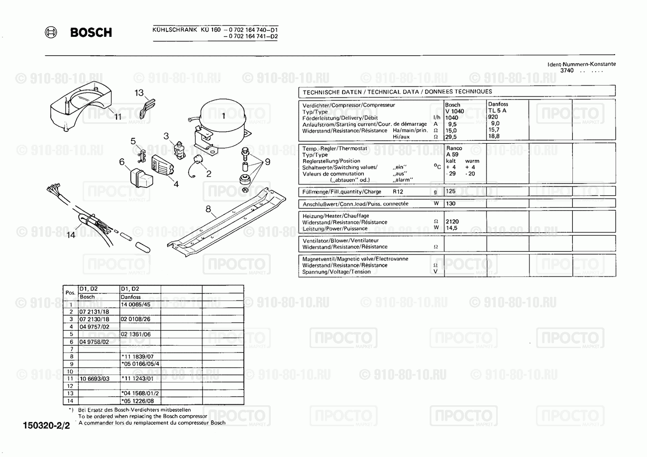 Холодильник Bosch 0702164740(00) - взрыв-схема