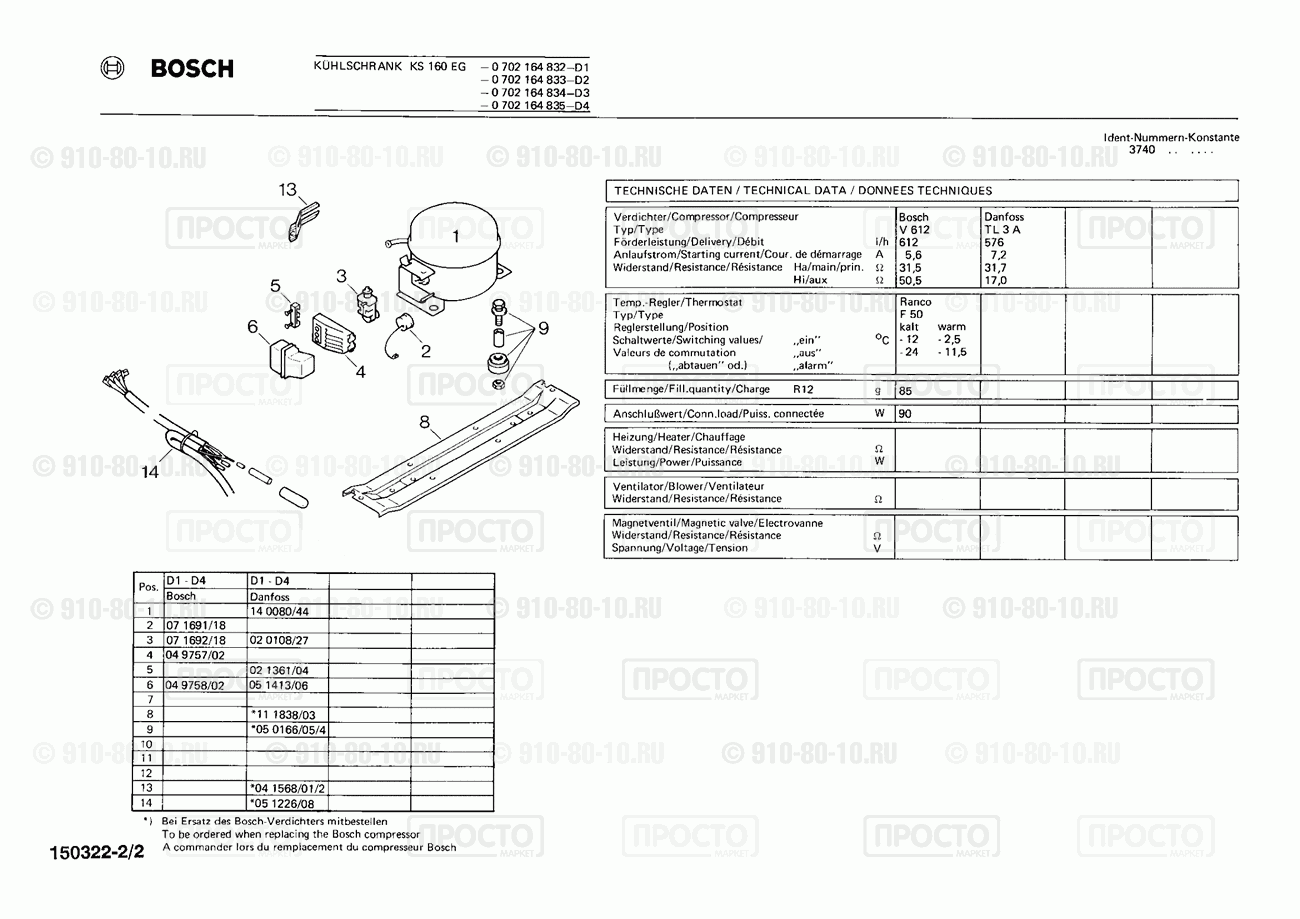 Холодильник Bosch 0702164832(00) - взрыв-схема