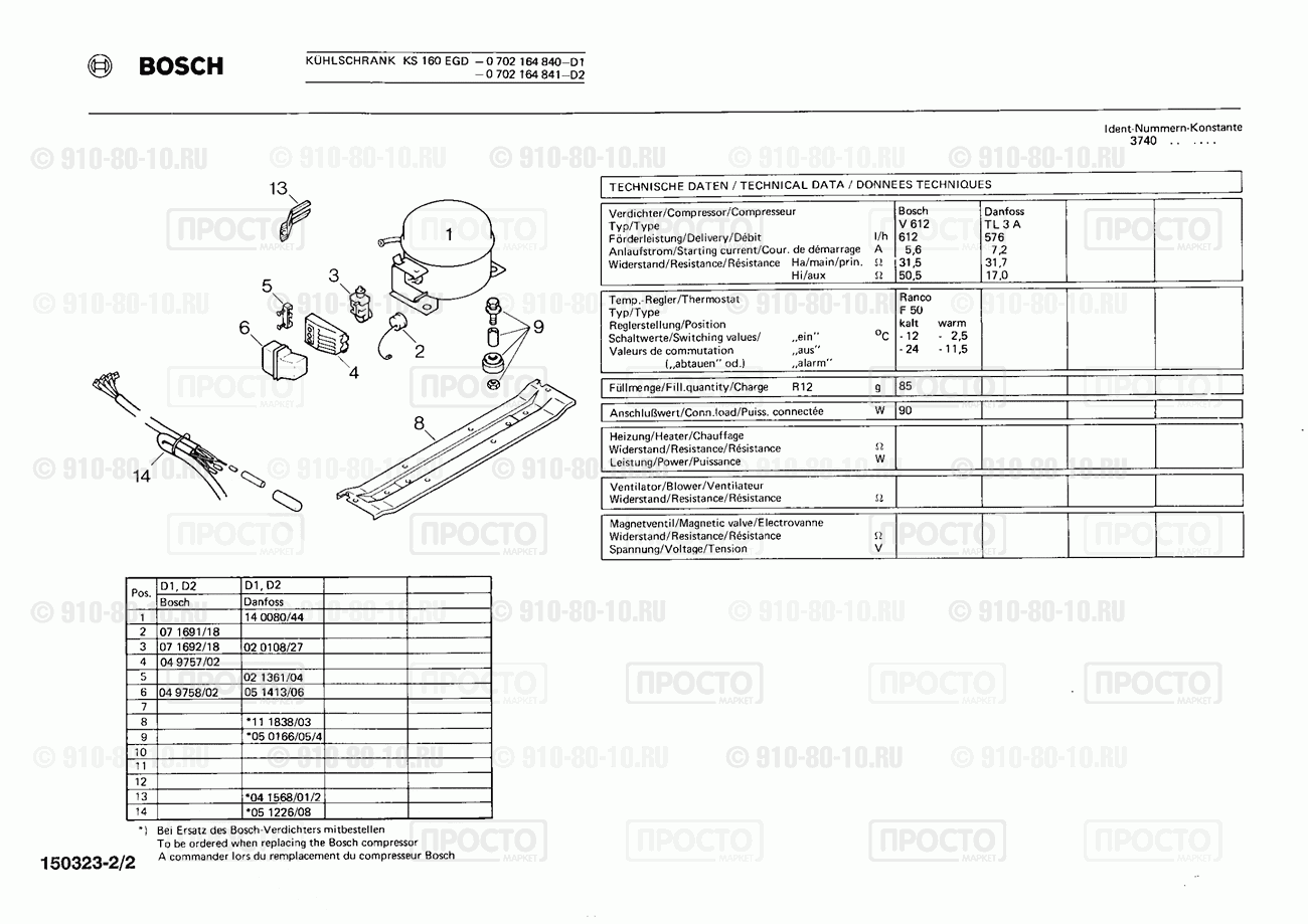Холодильник Bosch 0702164840(00) - взрыв-схема
