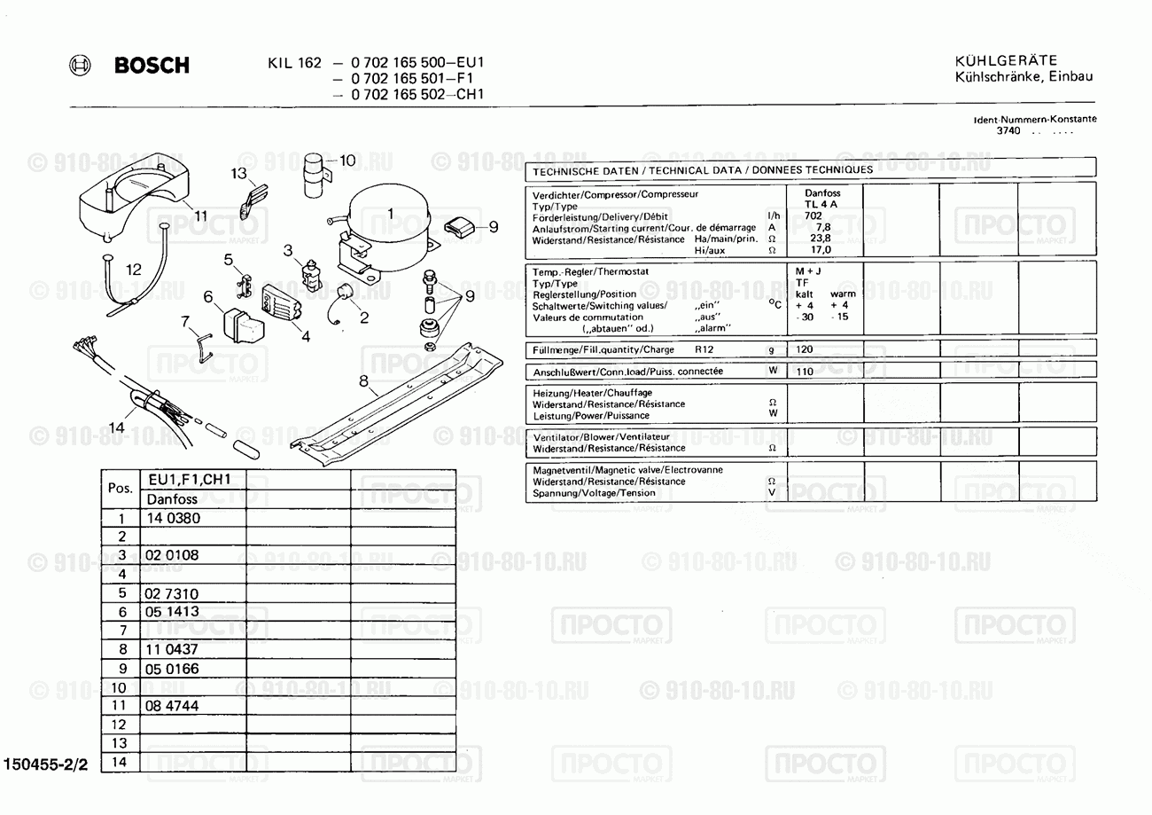 Холодильник Bosch 0702165501(00) - взрыв-схема