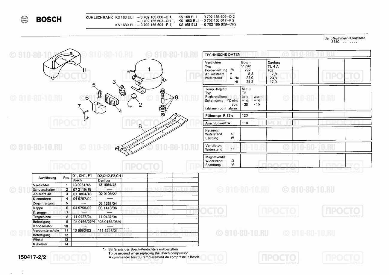 Холодильник Bosch 0702165600(00) - взрыв-схема