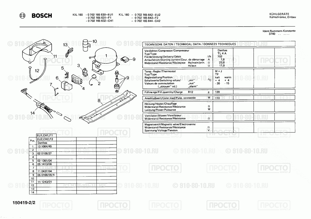Холодильник Bosch 0702165630(00) - взрыв-схема