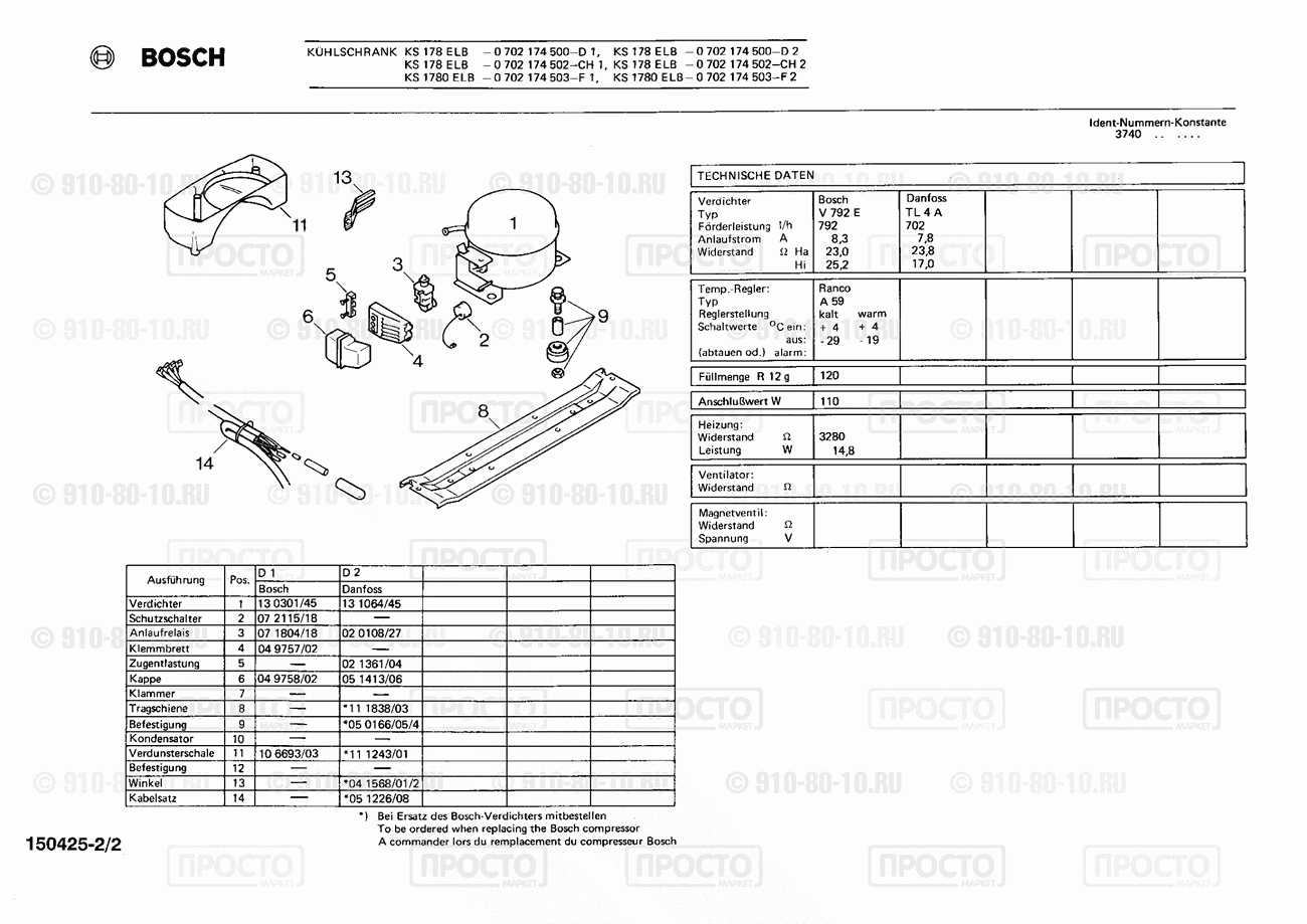 Холодильник Bosch 0702174500(00) - взрыв-схема