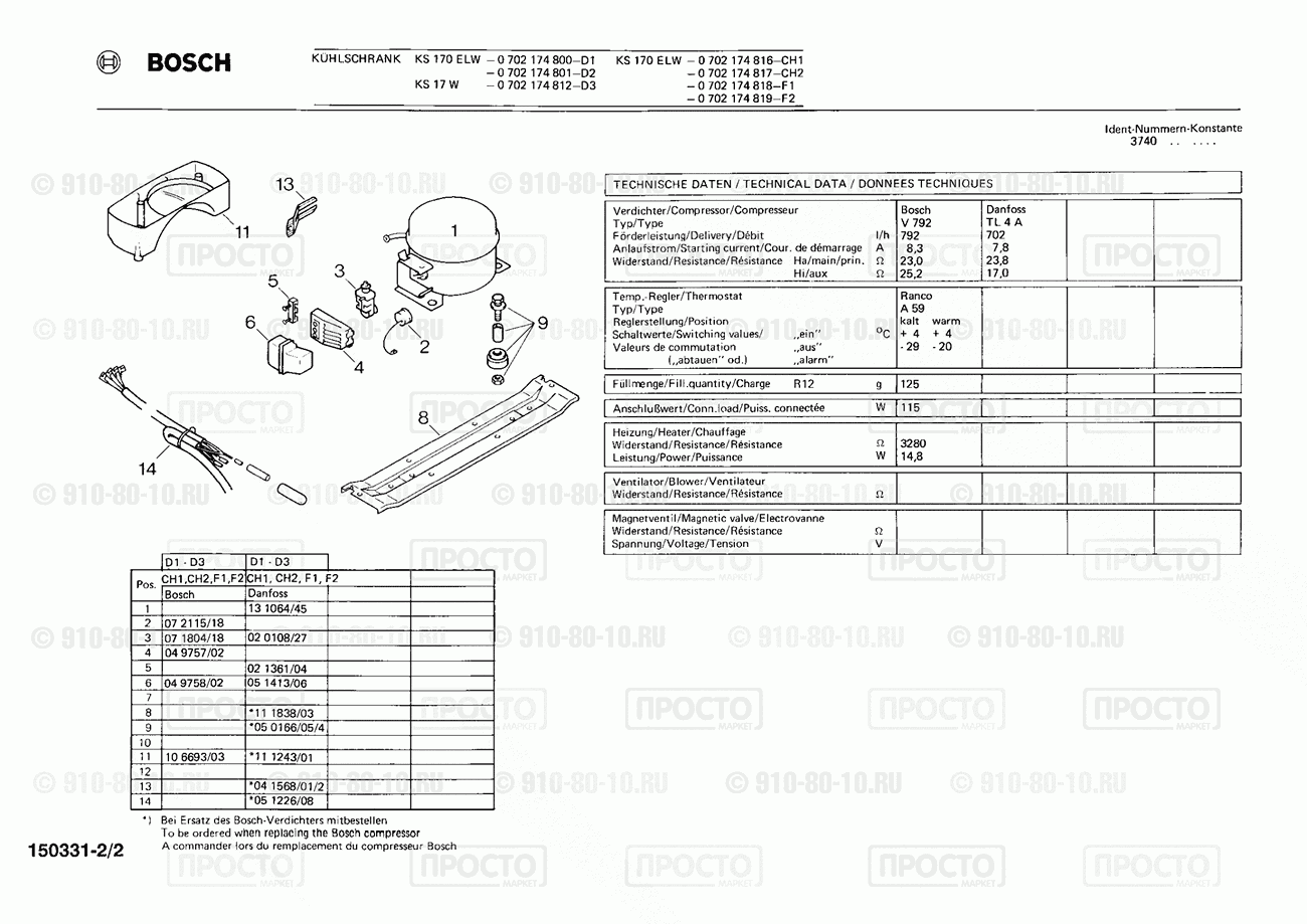 Холодильник Bosch 0702174801(00) - взрыв-схема