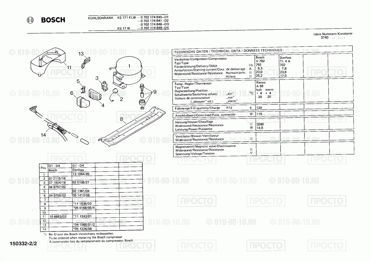 Холодильник Bosch 0702174840(00) - взрыв-схема