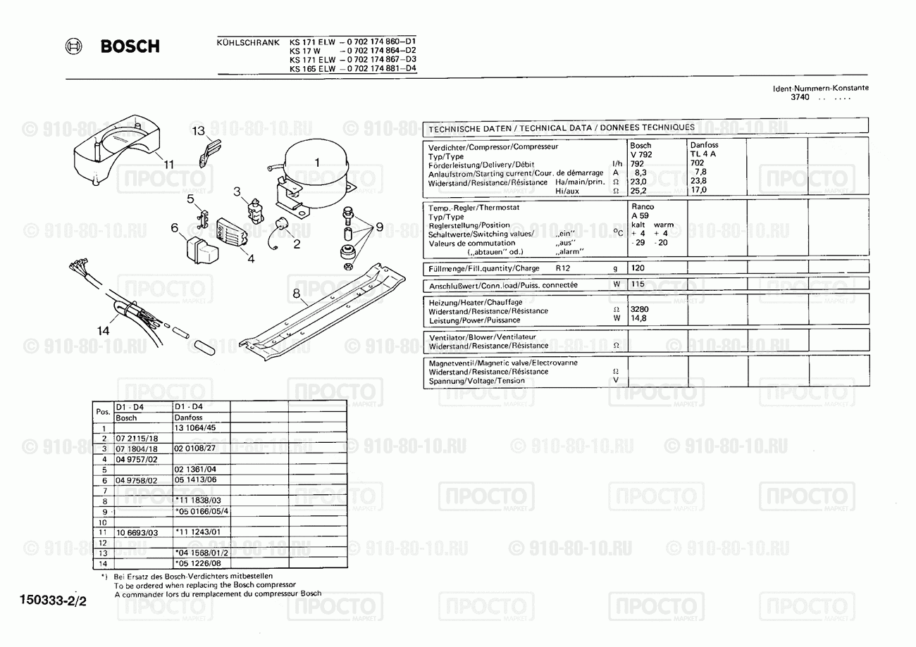 Холодильник Bosch 0702174860(00) - взрыв-схема