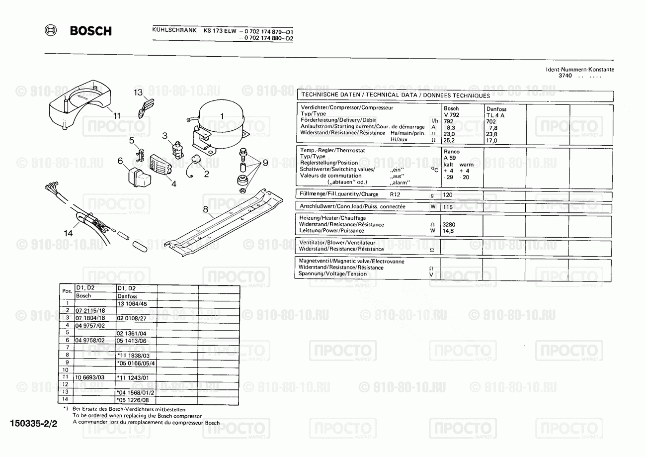 Холодильник Bosch 0702174880(00) - взрыв-схема