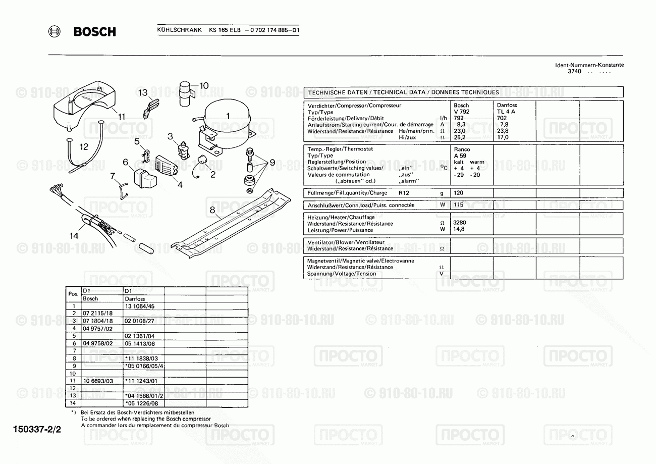 Холодильник Bosch 0702174885(00) - взрыв-схема