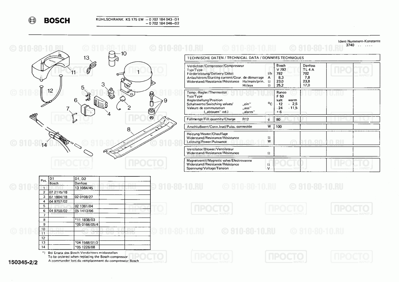 Холодильник Bosch 0702184043(00) - взрыв-схема