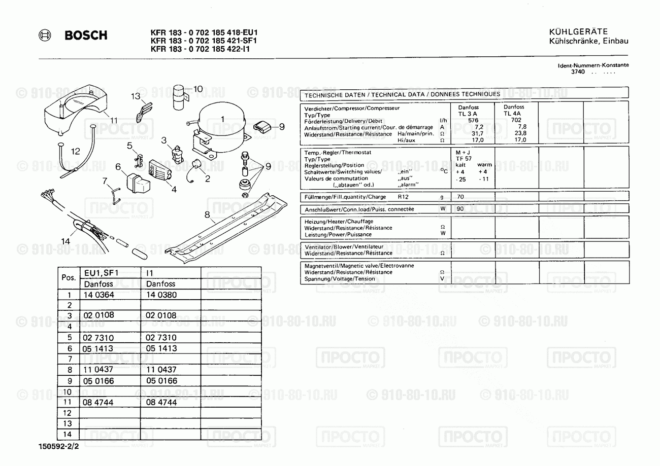 Холодильник Bosch 0702185418(00) - взрыв-схема