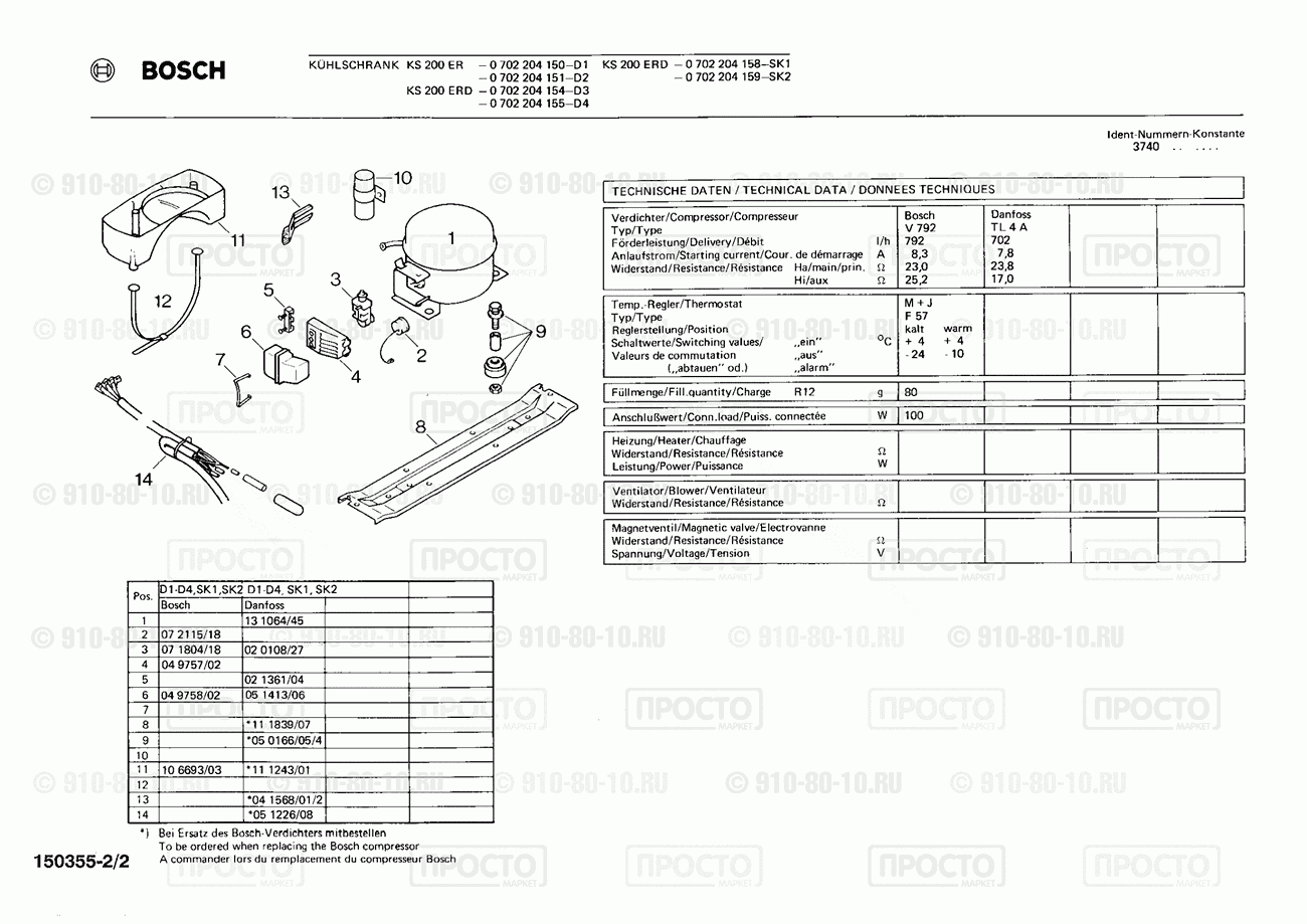 Холодильник Bosch 0702204150(00) - взрыв-схема