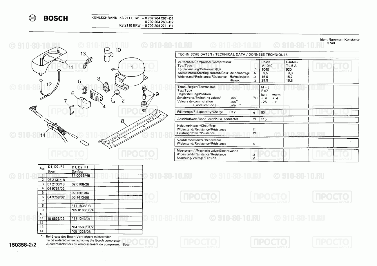 Холодильник Bosch 0702204268(00) - взрыв-схема