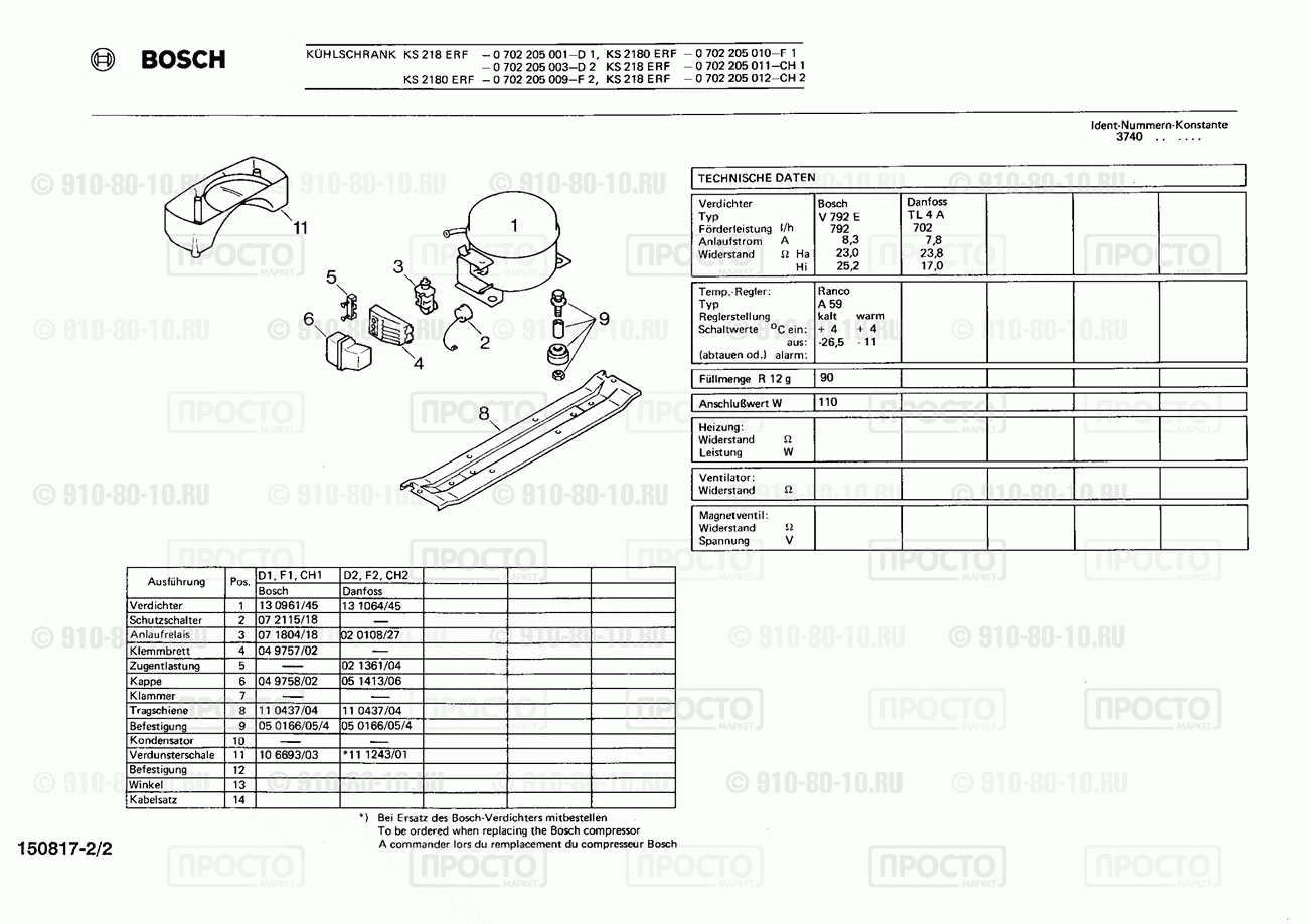 Холодильник Bosch 0702205001(00) - взрыв-схема
