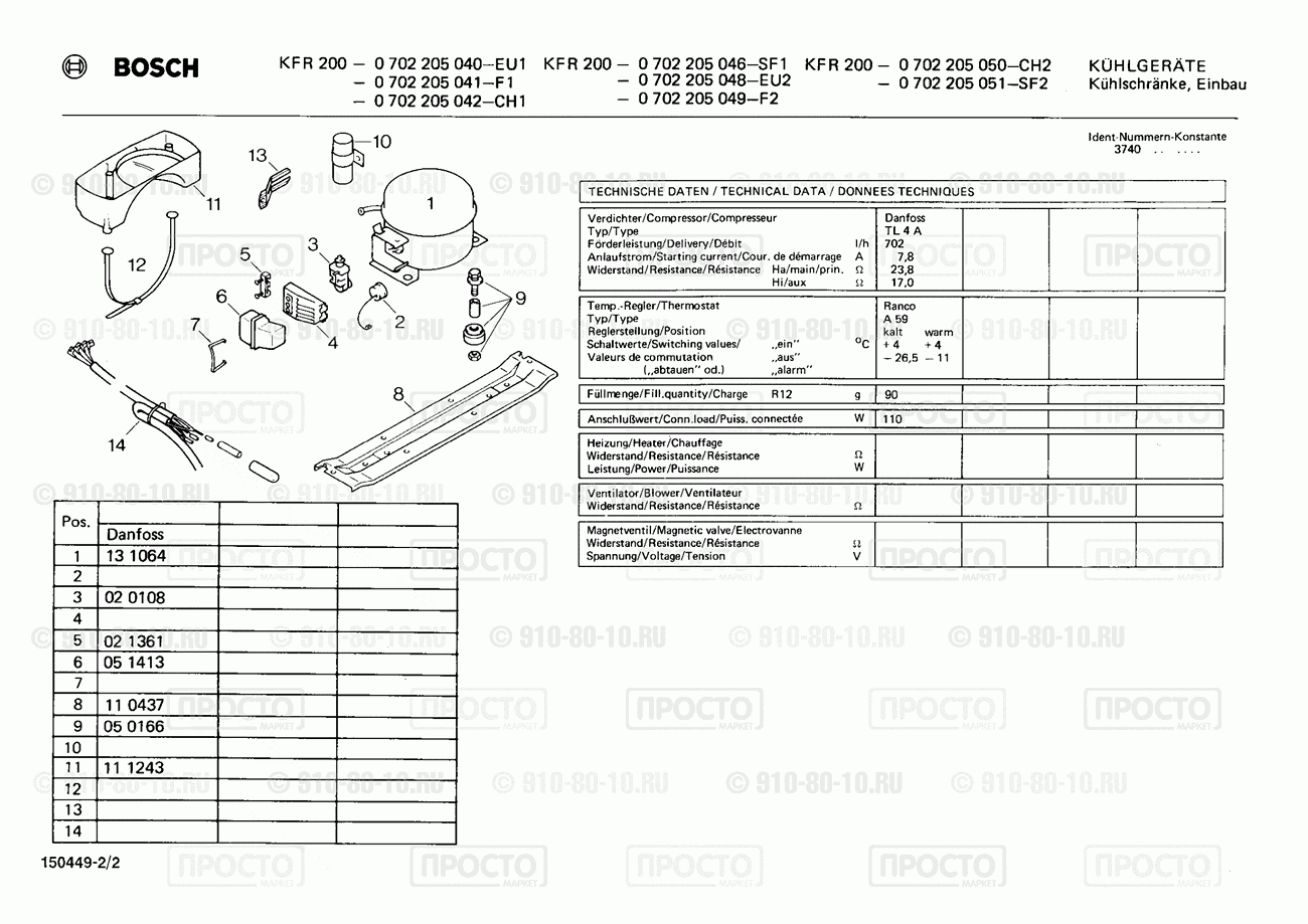 Холодильник Bosch 0702205040(00) - взрыв-схема