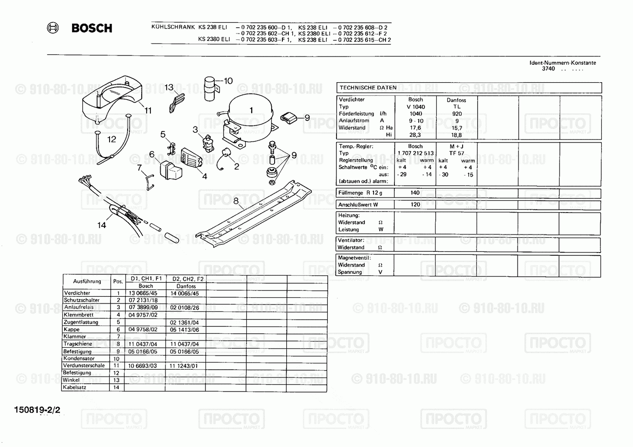 Холодильник Bosch 0702235602(00) - взрыв-схема