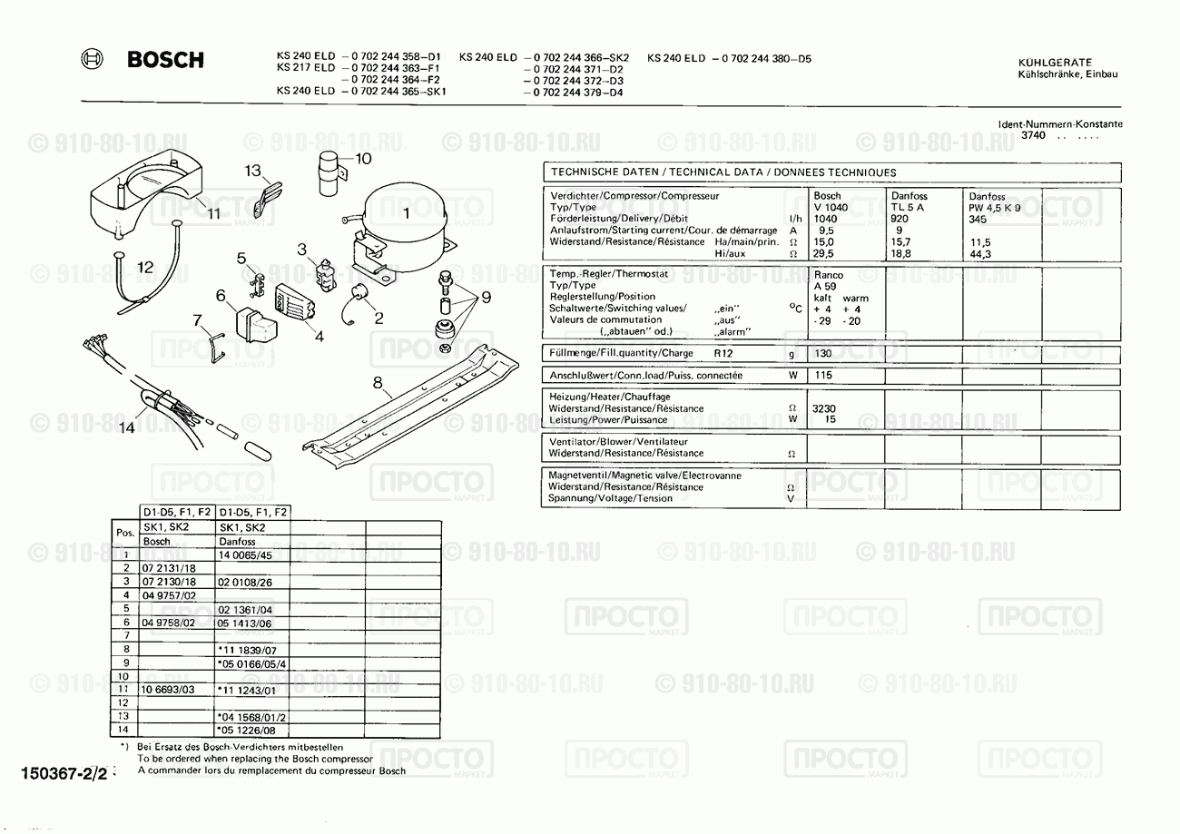 Холодильник Bosch 0702244363(00) - взрыв-схема