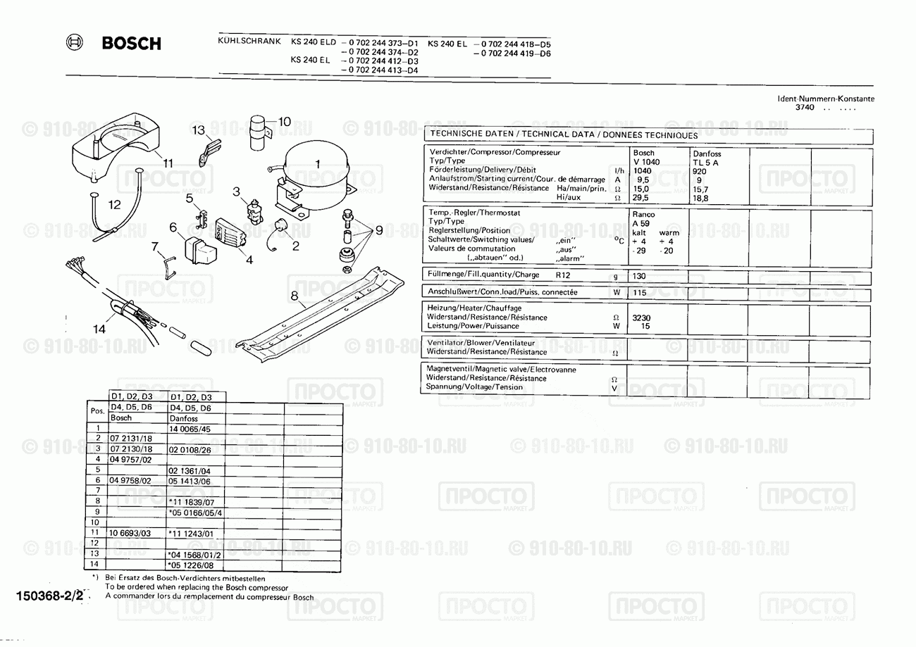 Холодильник Bosch 0702244374(00) - взрыв-схема