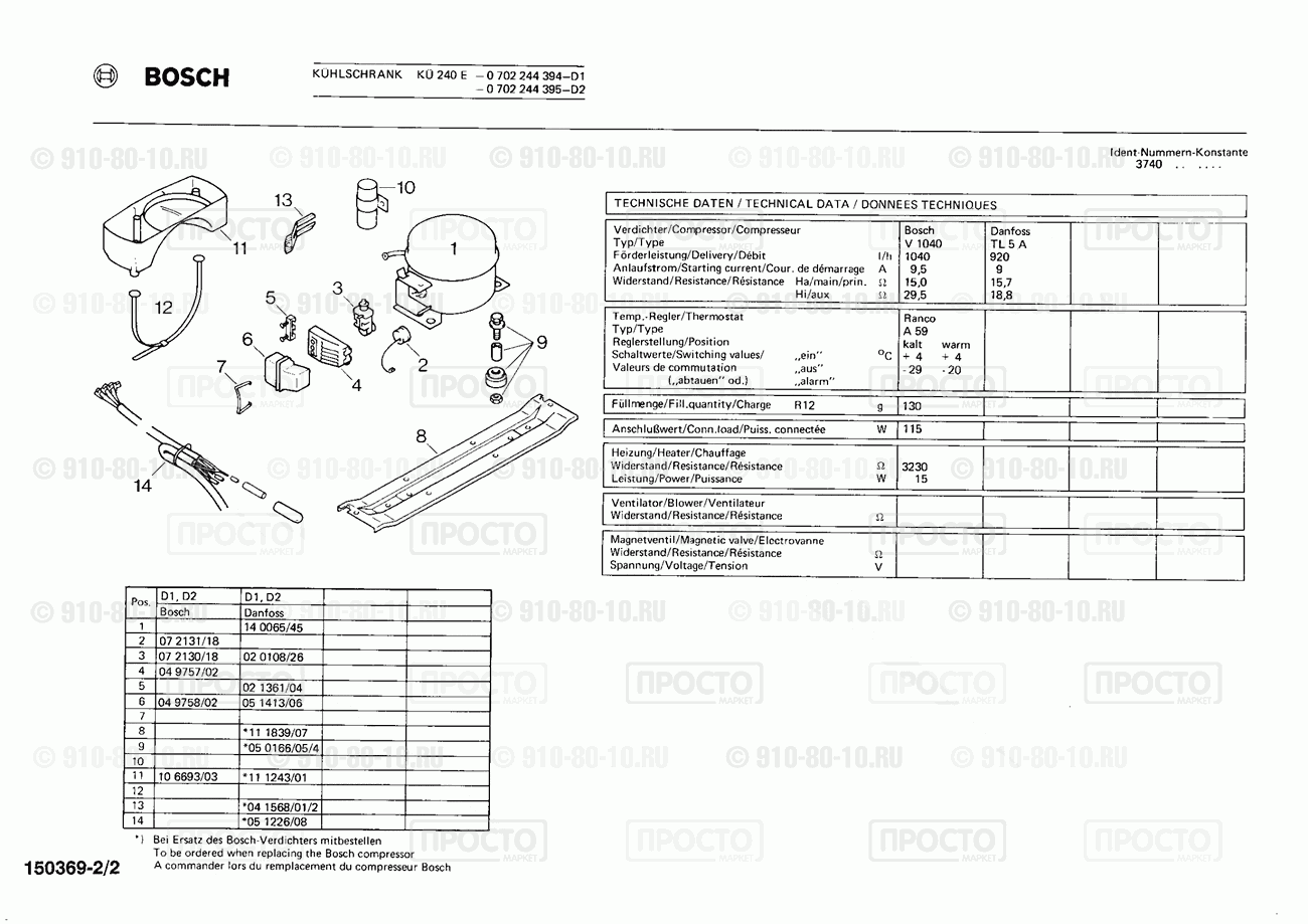 Холодильник Bosch 0702244394(00) - взрыв-схема