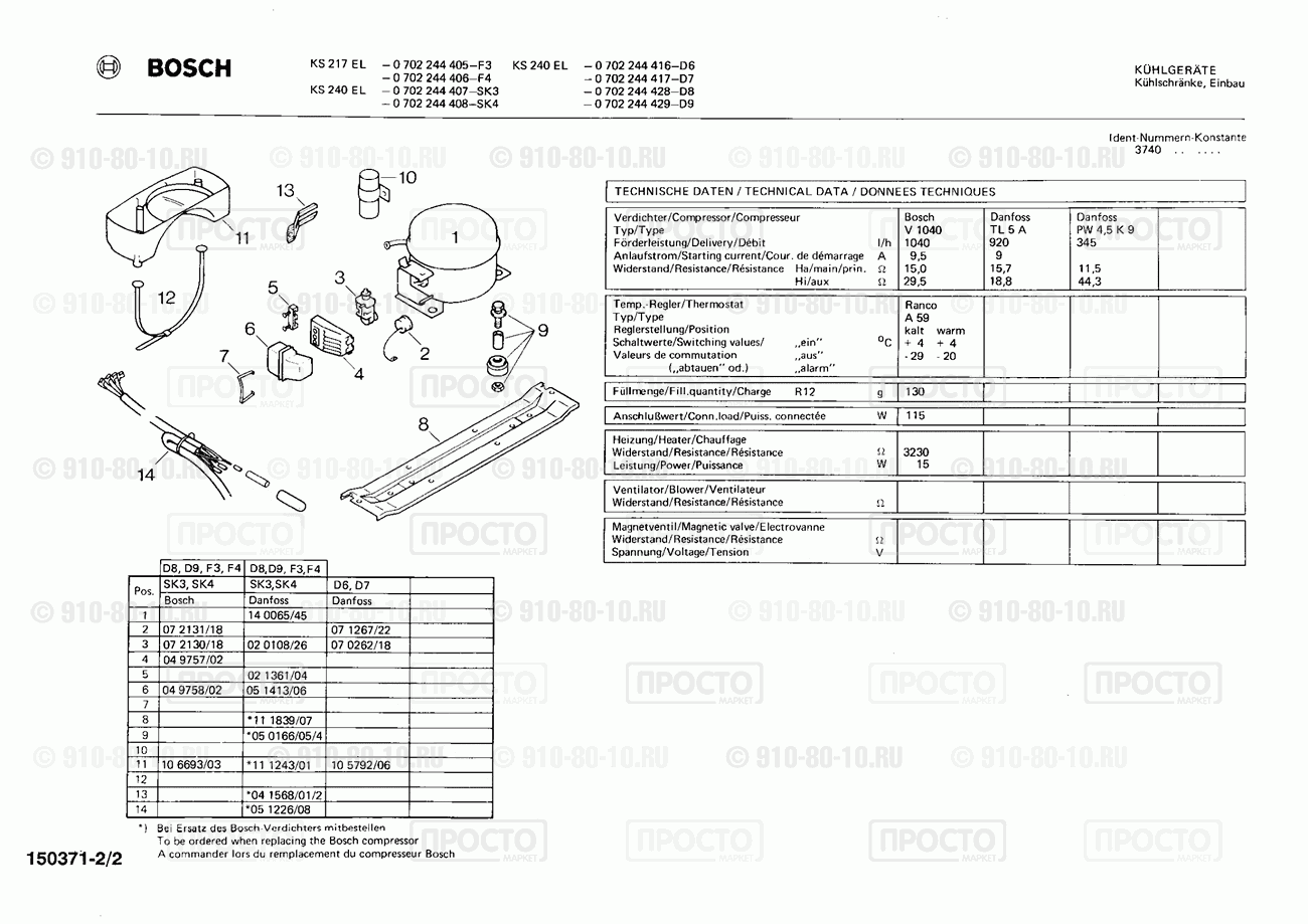 Холодильник Bosch 0702244406(00) - взрыв-схема