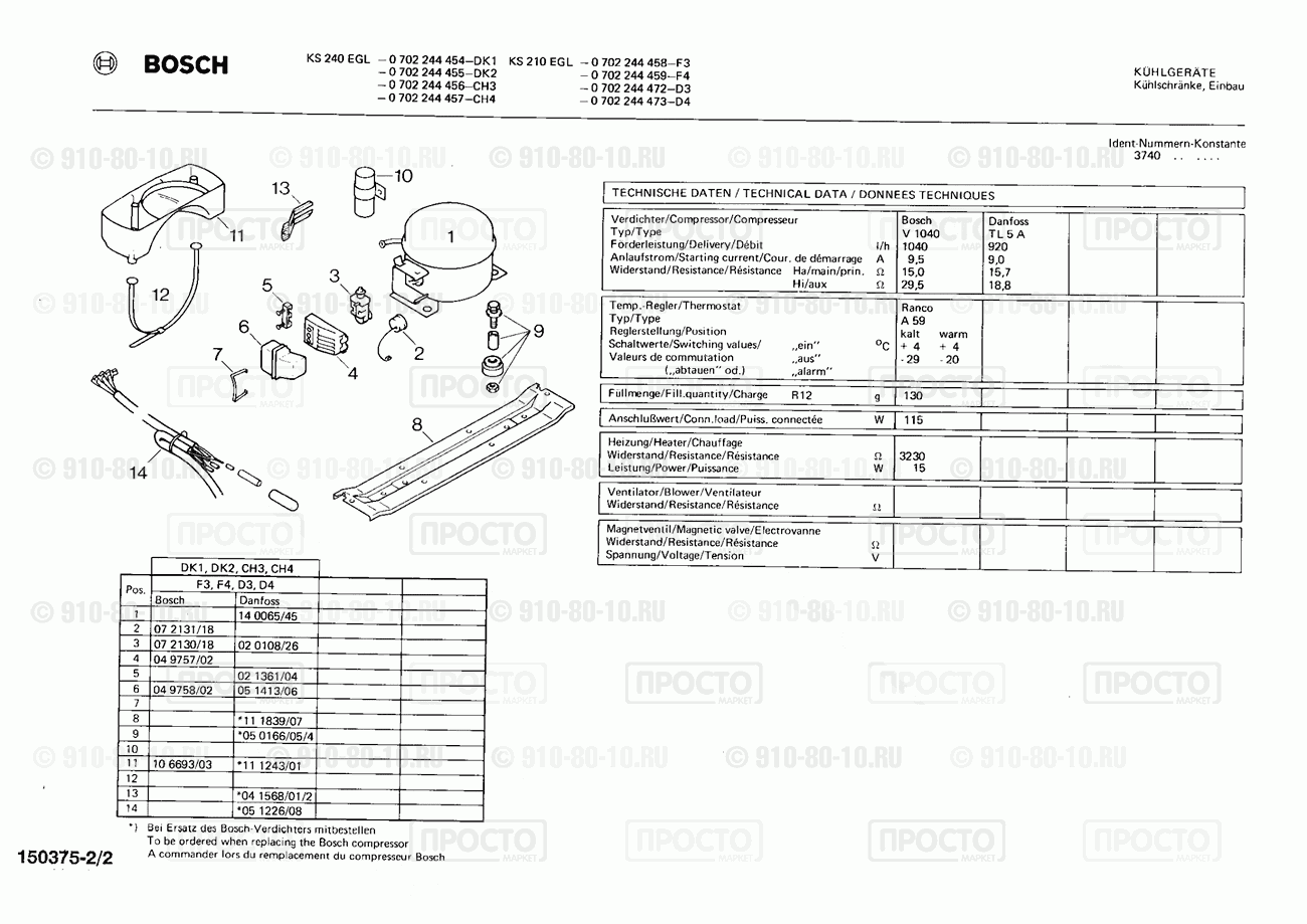 Холодильник Bosch 0702244454(00) - взрыв-схема