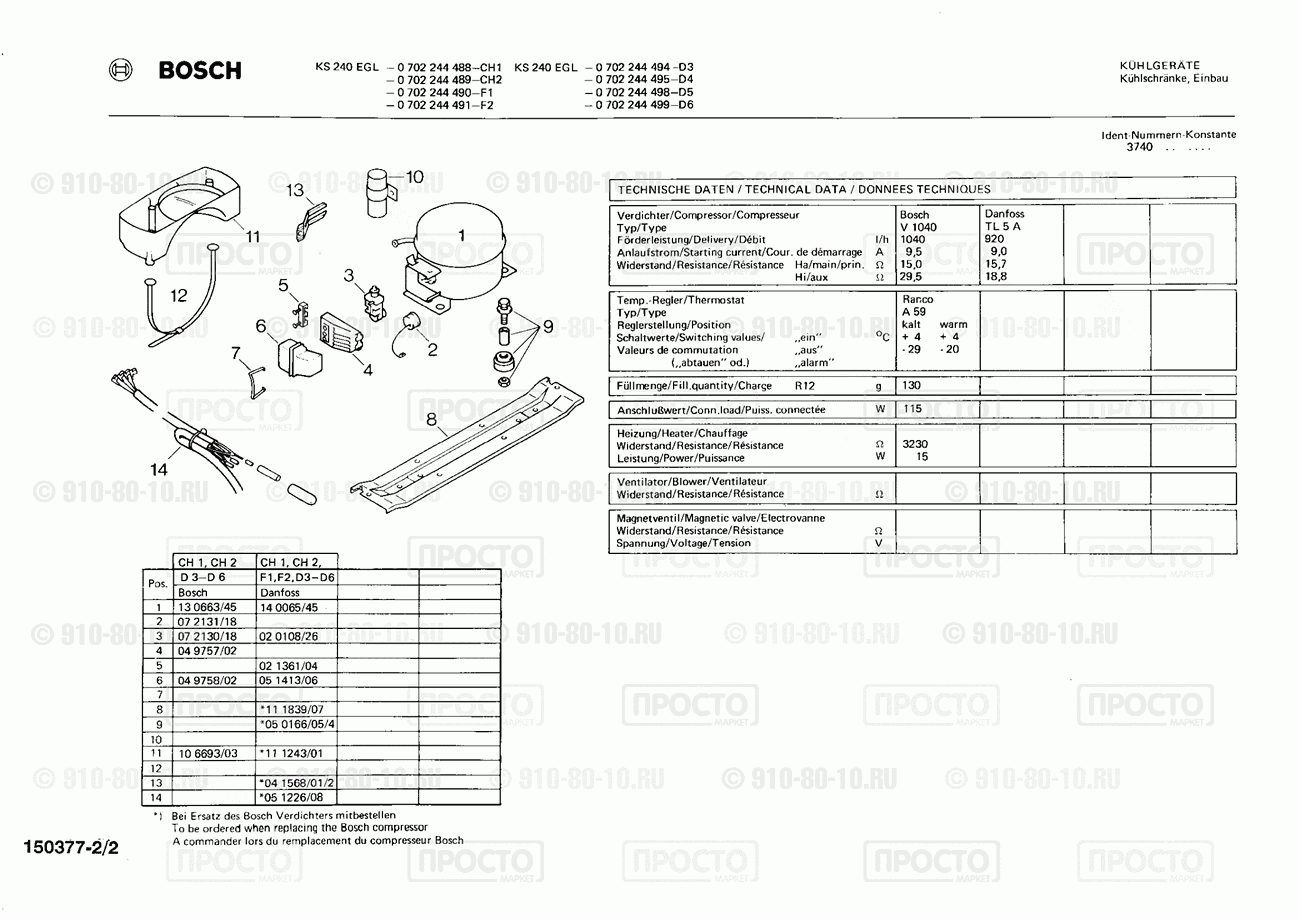 Холодильник Bosch 0702244488(00) - взрыв-схема