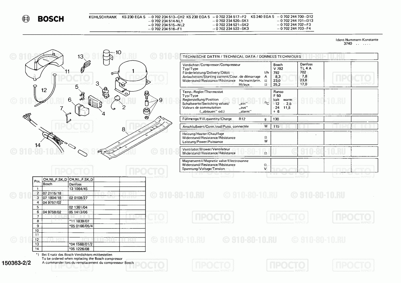 Холодильник Bosch 0702244702(00) - взрыв-схема
