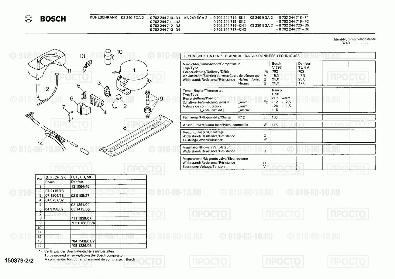 Холодильник Bosch 0702244710(00) - взрыв-схема