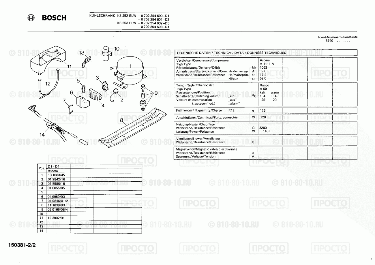 Холодильник Bosch 0702254600(00) - взрыв-схема