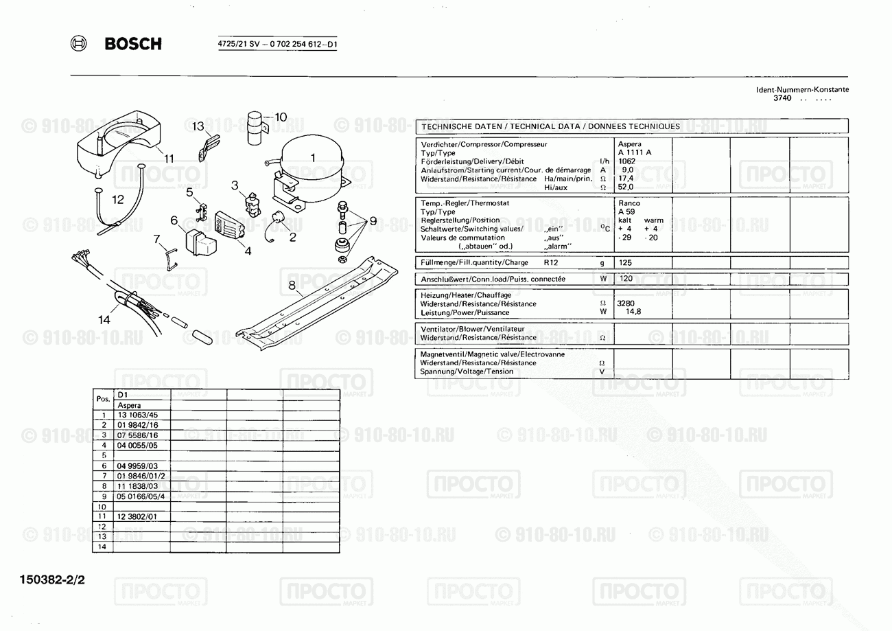 Холодильник Bosch 0702254612(00) - взрыв-схема