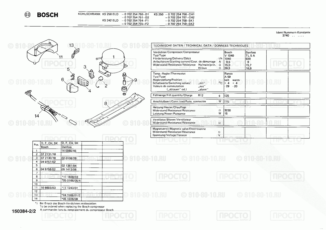 Холодильник Bosch 0702254750(00) - взрыв-схема