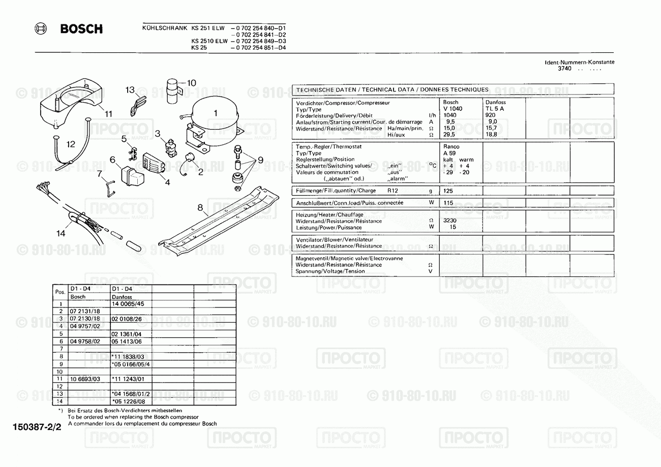 Холодильник Bosch 0702254840(00) - взрыв-схема