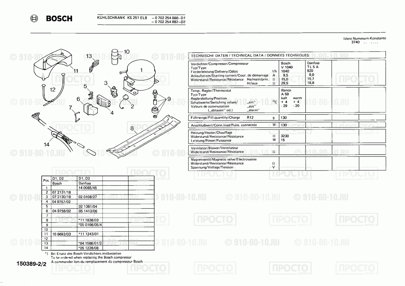 Холодильник Bosch 0702254880(00) - взрыв-схема