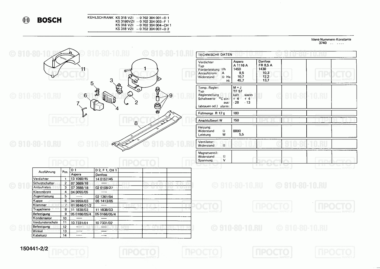 Холодильник Bosch 0702304001(00) - взрыв-схема