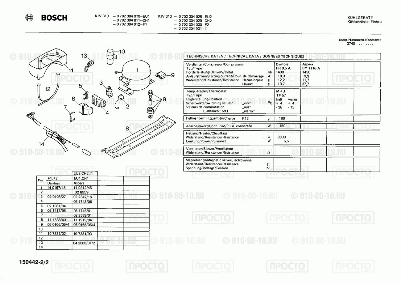 Холодильник Bosch 0702304010(00) - взрыв-схема