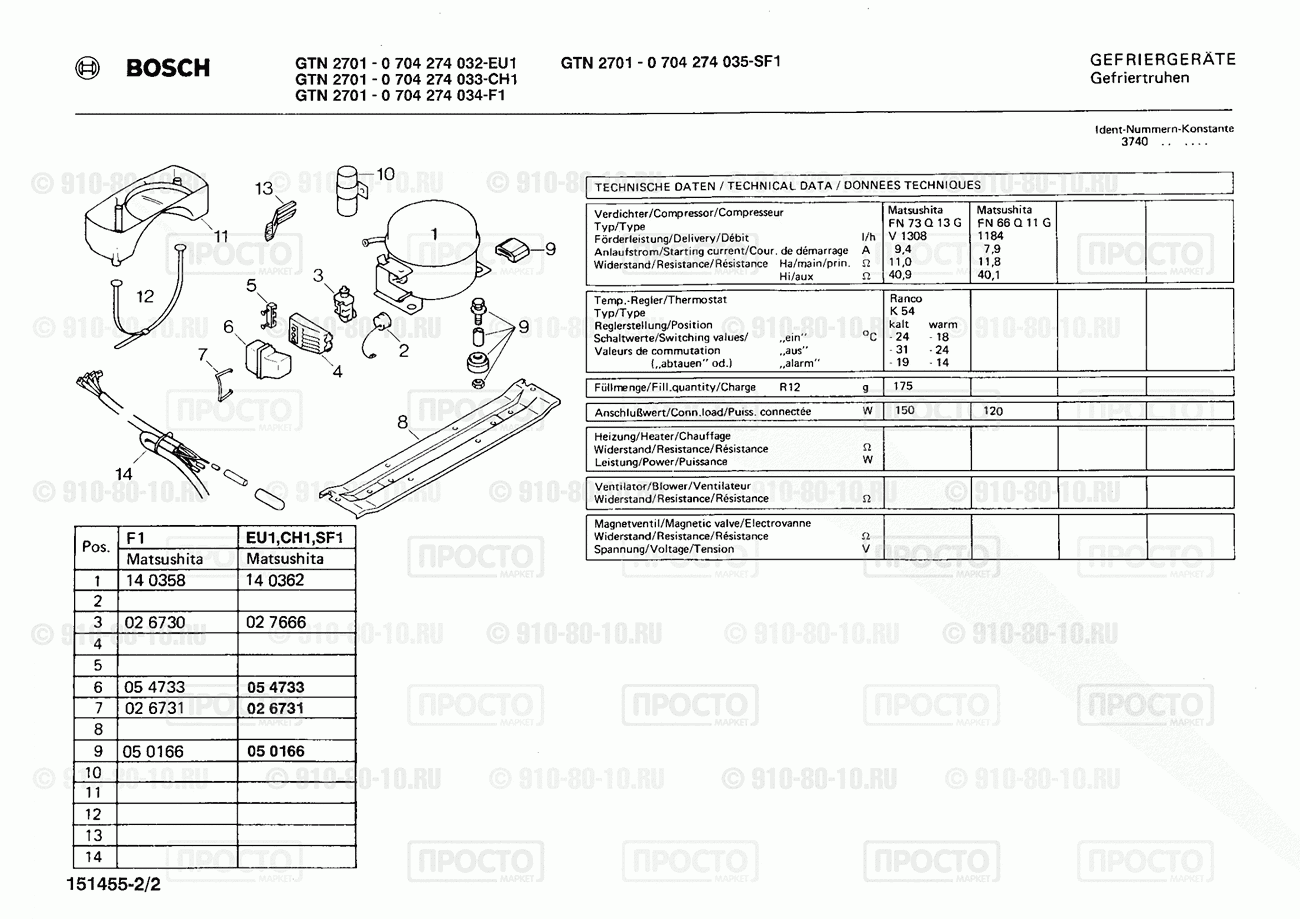 Холодильник Bosch 0704274032(00) - взрыв-схема