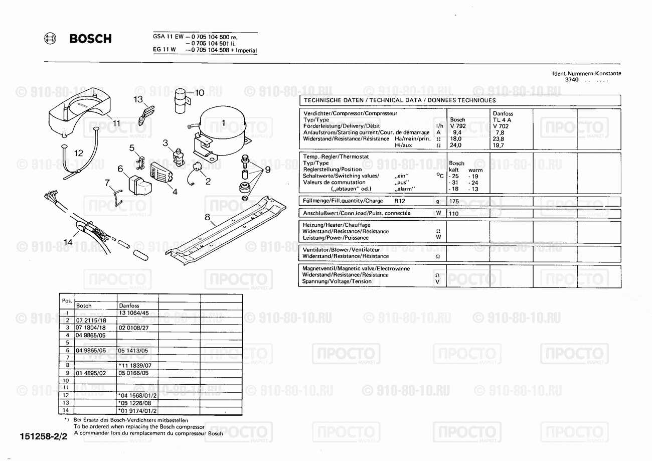Холодильник Bosch 0705104500(00) - взрыв-схема