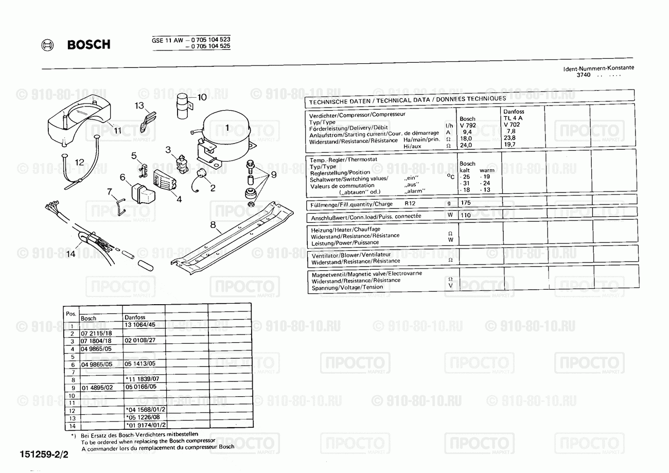 Холодильник Bosch 0705104523(00) - взрыв-схема