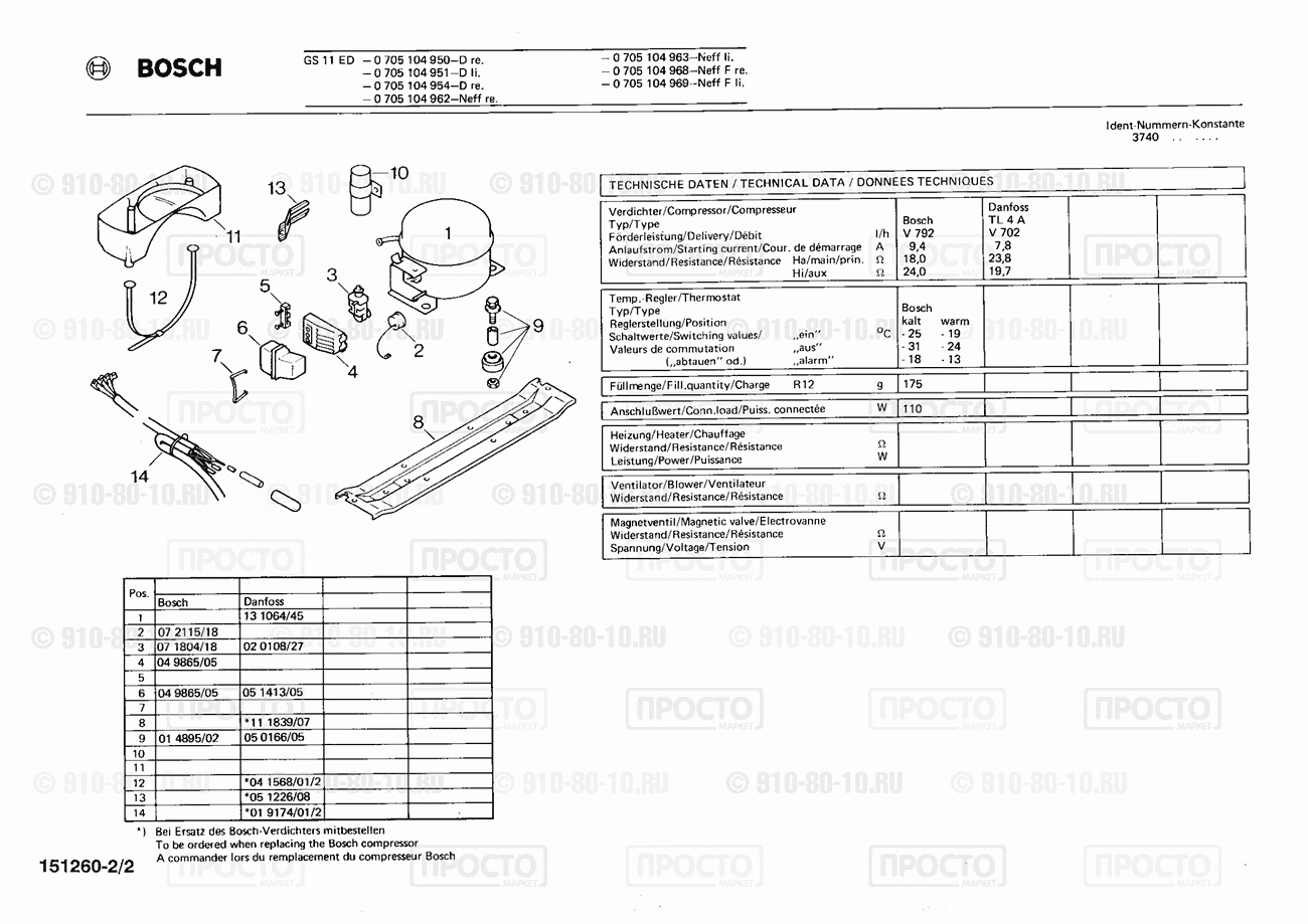 Холодильник Bosch 0705104962(00) - взрыв-схема