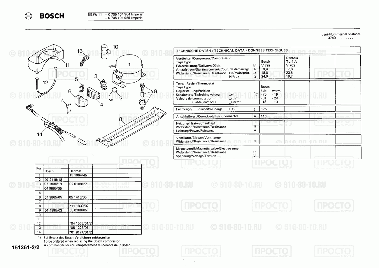 Холодильник Bosch 0705104964(00) - взрыв-схема